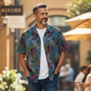 Men's Cooke Street Tropical Print Button-down Short Sleeve Shirt XXL